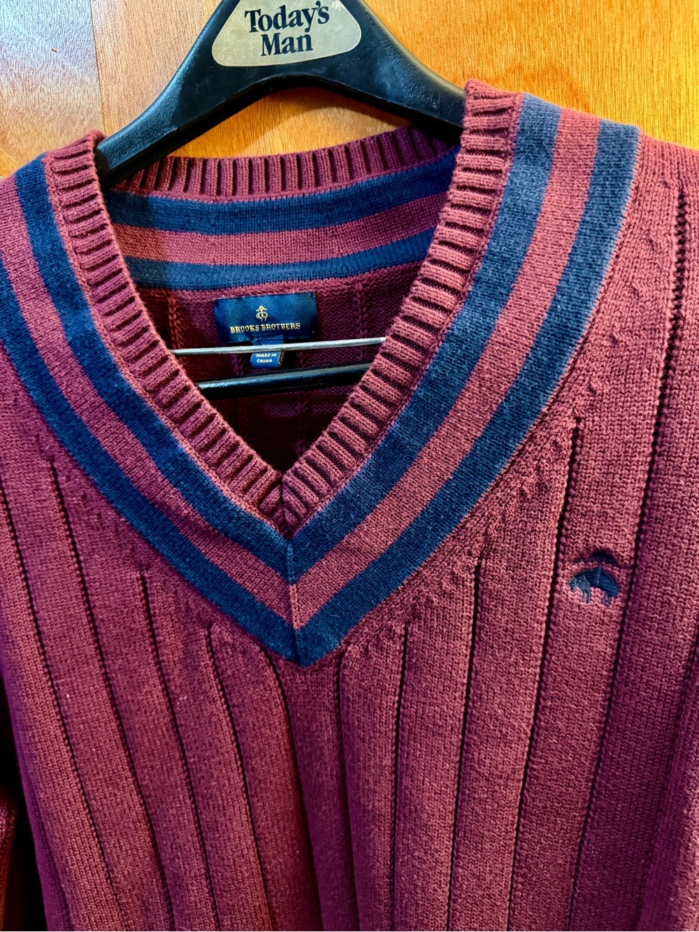 Brooks Brothers V-Neck Sweater in Burgundy with Navy Stripes